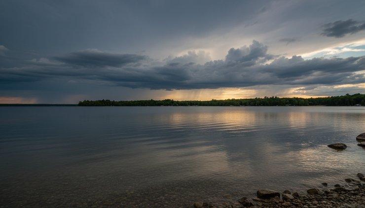 Wide-angle view of dark clouds building over Oneida Lake near shore.
