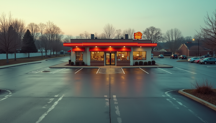 High angle view of an empty parking lot outside a closed SUBWAY in Oneida, NY