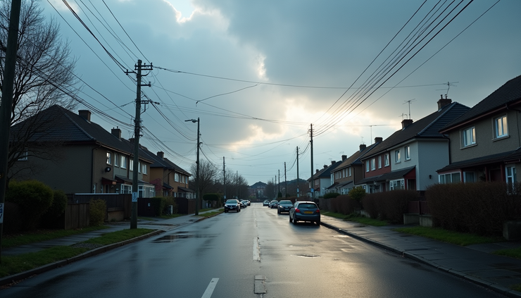 Eye-level view of partly cloudy sky over a residential neighborhood with wet streets after rain
