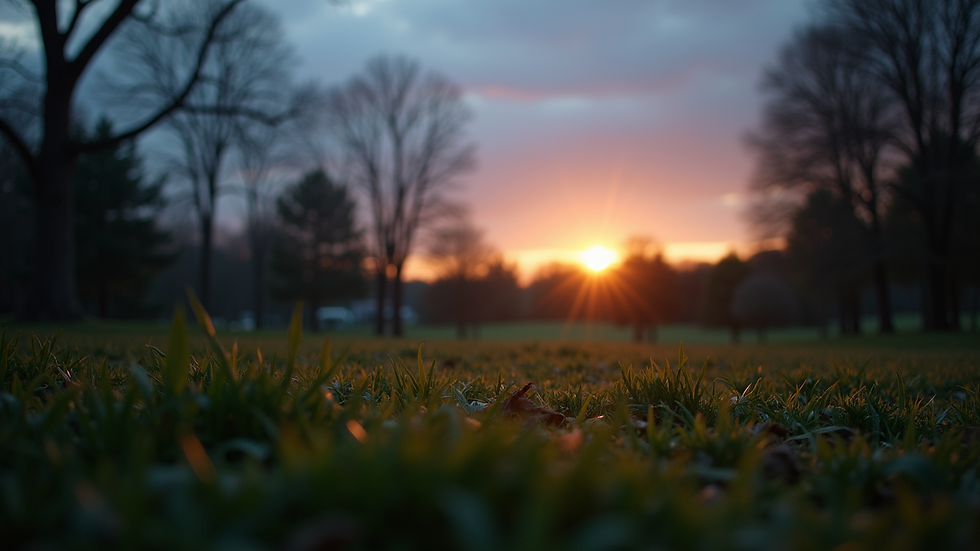 Close-up view of a serene park under a twilight sky