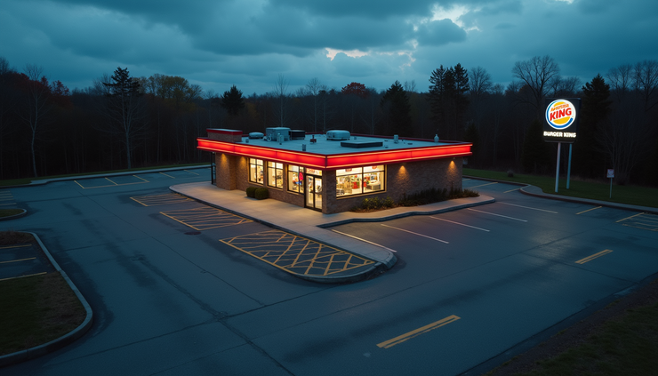 High angle view of empty Burger King parking lot at closing time