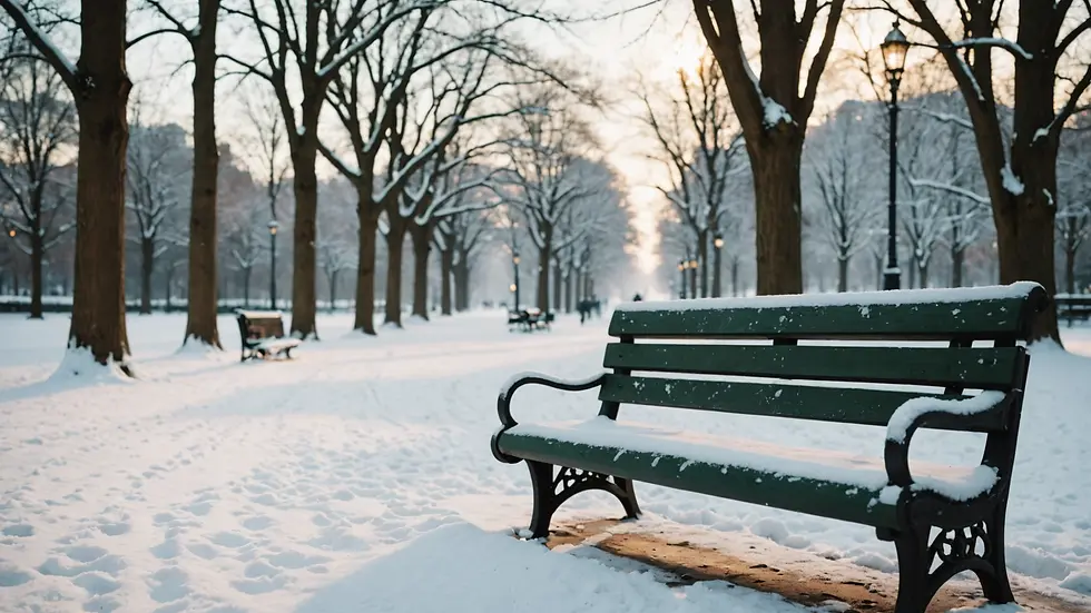 Eye-level view of a snowy park bench surrounded by trees