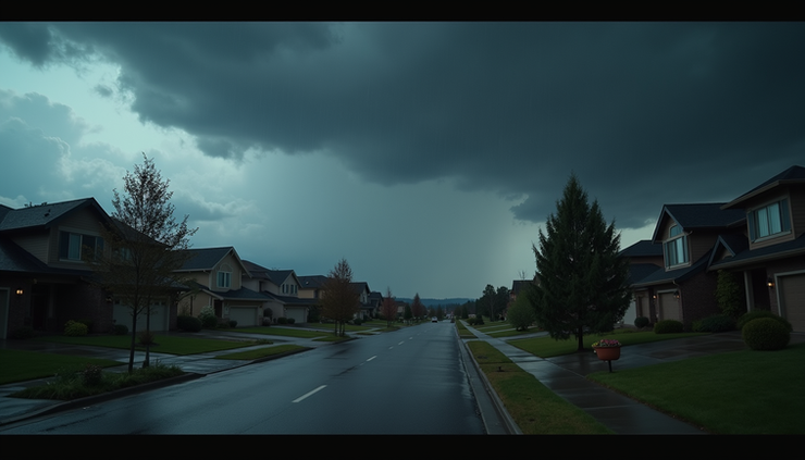 Eye-level view of cloudy sky with dark rain clouds gathering over a suburban neighborhood