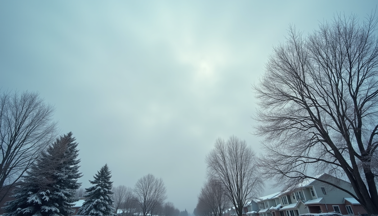 Wide angle view of cloudy sky over a suburban neighborhood with bare trees