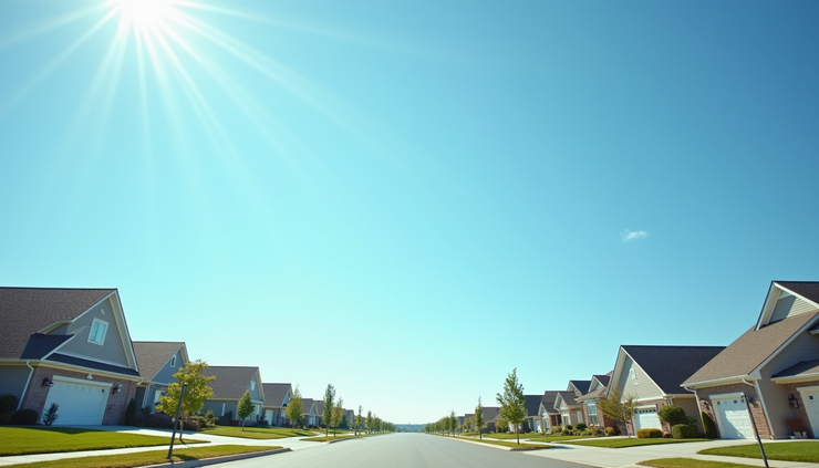 Eye-level view of a clear blue sky over a calm suburban neighborhood