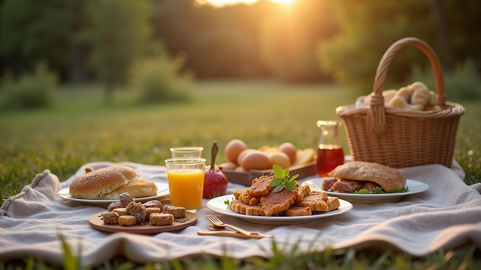 Close-up view of a picnic setup with a blanket and food