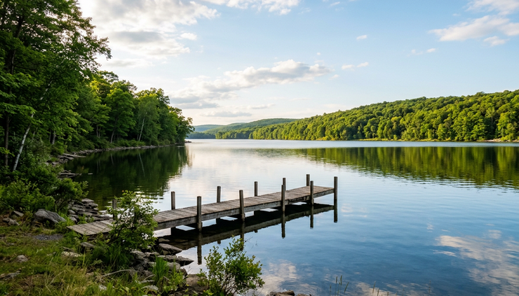 Wide-angle view of a quiet lake shore under clear late-day sunlight.