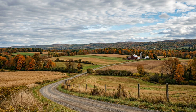 Wide-angle view of a partly sunny field in Central New York.