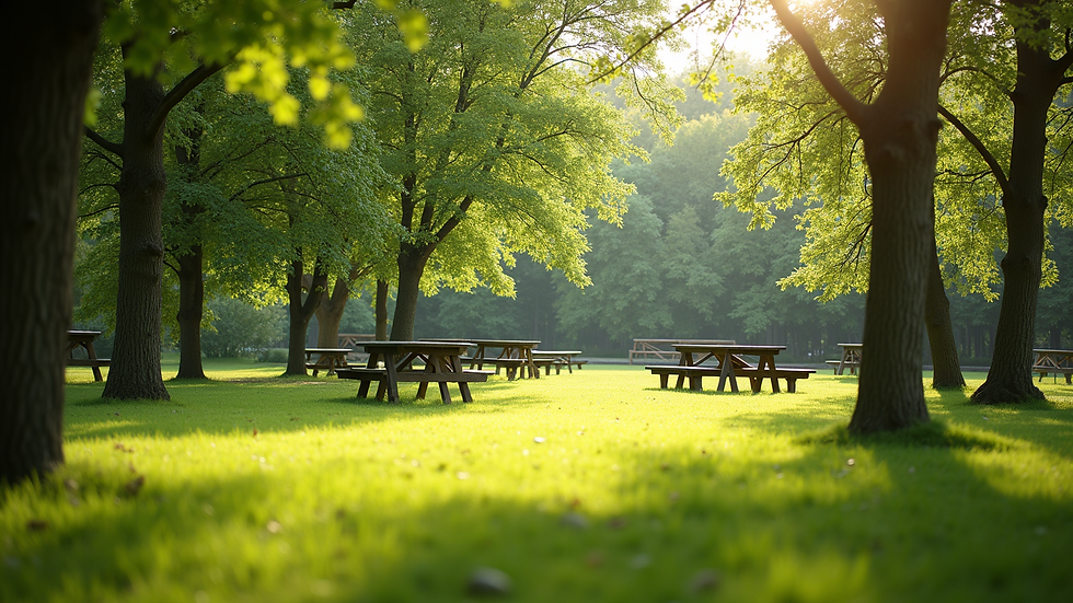 Eye-level view of a sunny park filled with greenery and picnic spots