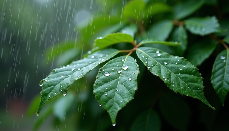 High angle view of raindrops falling on green leaves during a spring shower