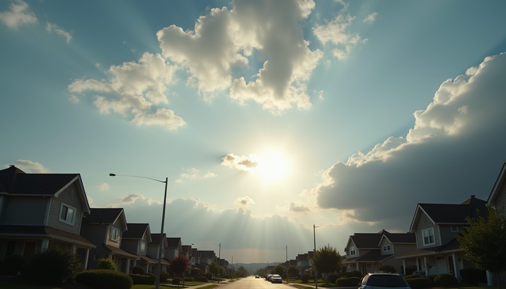 Eye-level view of partly cloudy sky with sun peeking through clouds over a suburban neighborhood