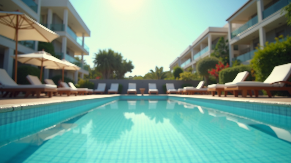 Eye-level view of a swimming pool surrounded by sun loungers