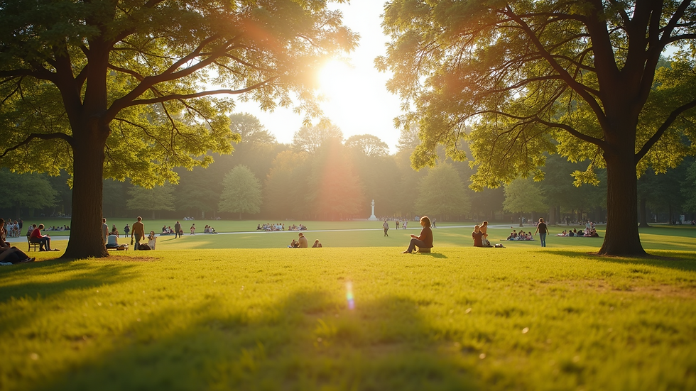 Wide angle view of a sunny park with people enjoying the outdoors