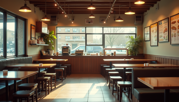 High angle view of Jreak Subs interior with tables and ordering counter