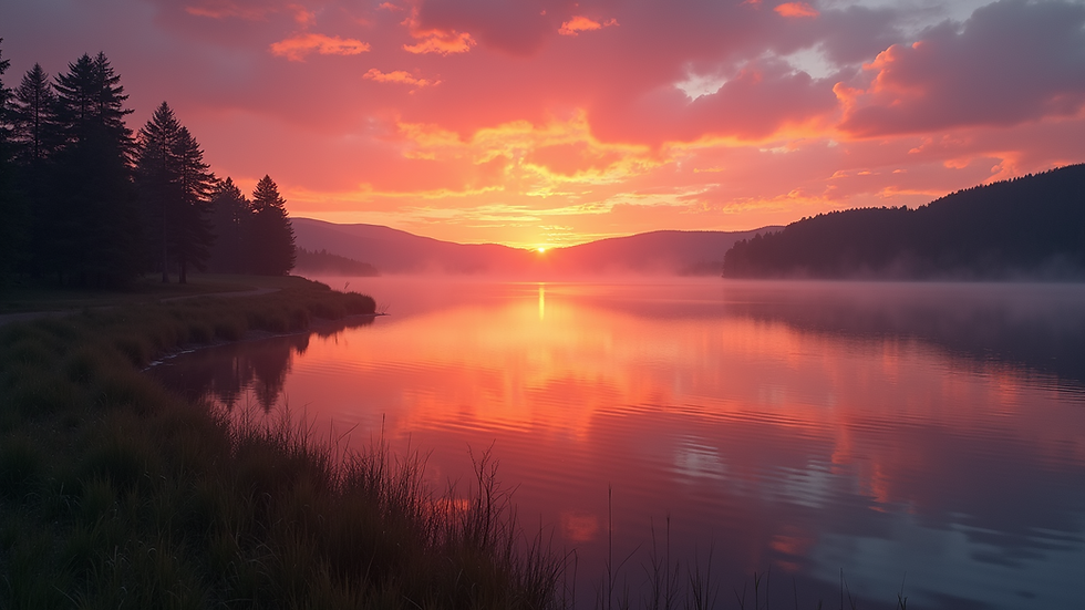 Eye-level view of a vibrant sunset over a calm lake
