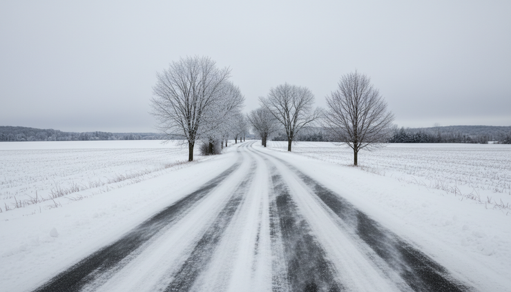 Wide-angle view of a snow-covered rural road in Central New York under a gray winter sky.