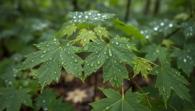 Close-up view of raindrops on green leaves after a summer shower in Central New York.