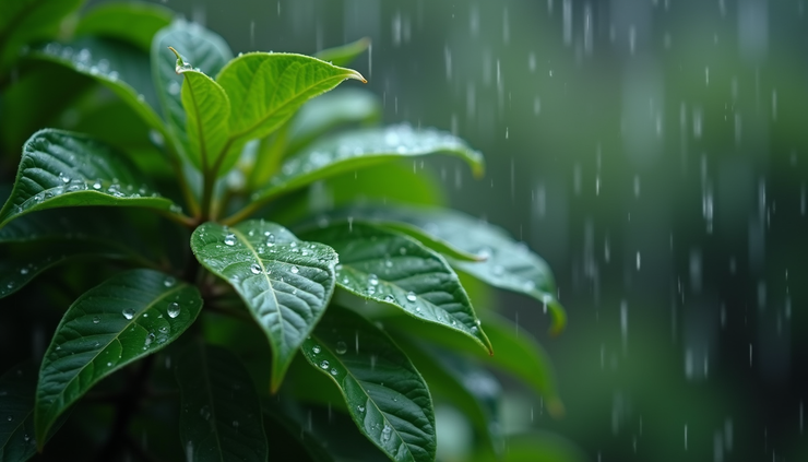 Close-up view of raindrops falling on green leaves during a light rain shower