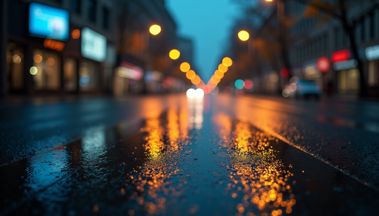 Eye-level view of a wet street reflecting city lights during a rainy night