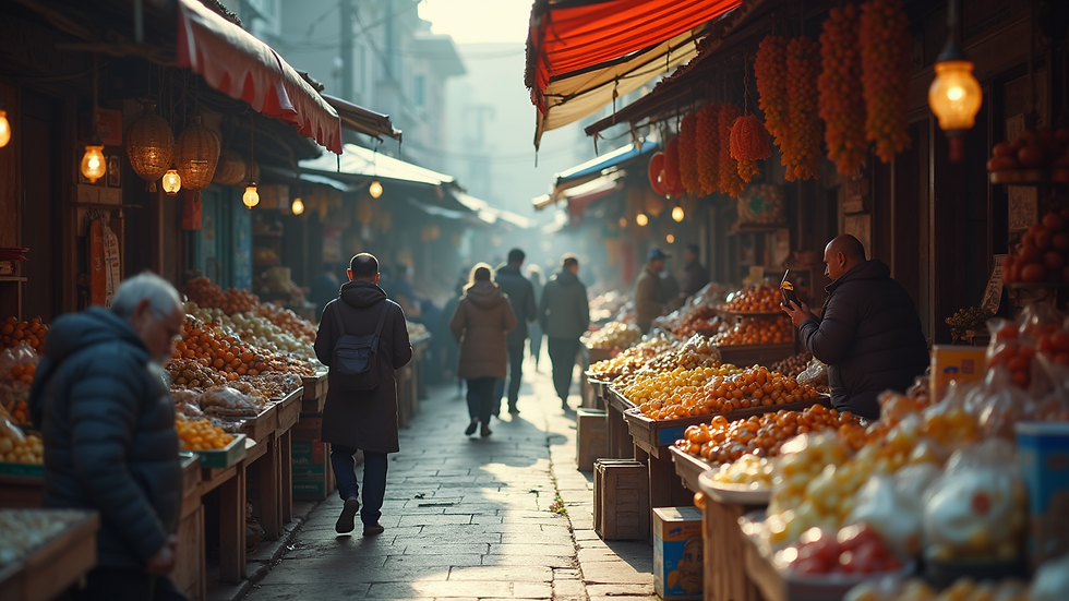 High angle view of a bustling local market with vendors