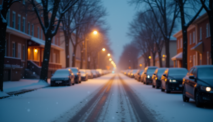 High angle view of snowflakes falling on a quiet street at dusk