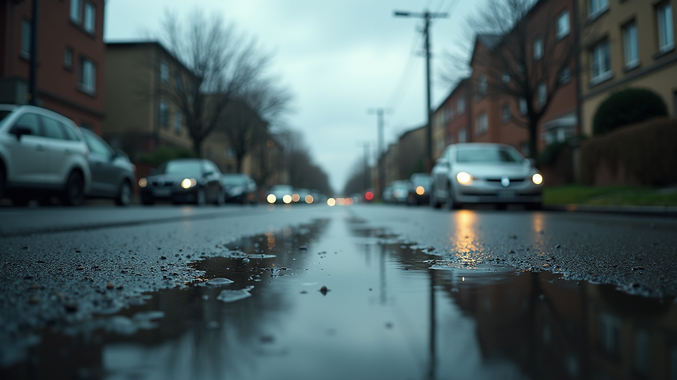Wide angle view of a rainy street with puddles