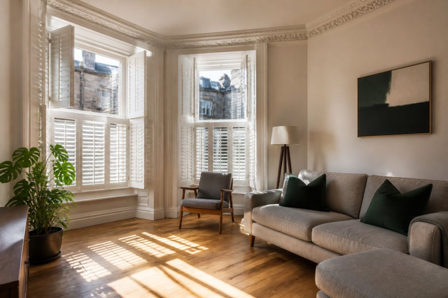 A bright south-facing living room in a Victorian tenement flat with tall sash and case windows fitted with white tier-on-tier internal shutters, sunlight streaming through open louvres onto a hardwood floor, deep window recess and period cornice visible