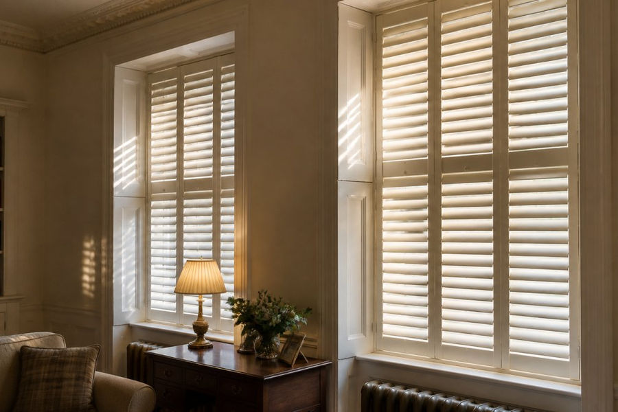Interior view of a period home with closed wooden shutters on tall sash windows, warm lamplight filtering through the slats, showing the shutters' clean lines against cream-painted walls