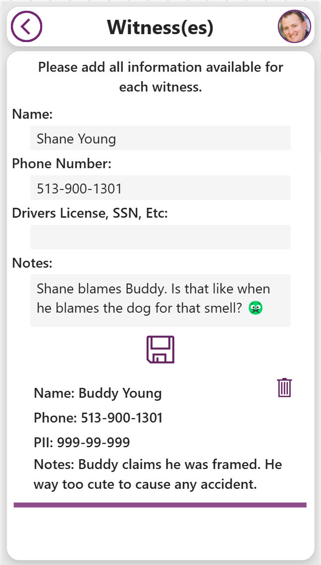 Witness info form with a profile picture. Shane Young blames Buddy. Emoji used for humor. Buddy claims innocence, described as cute.