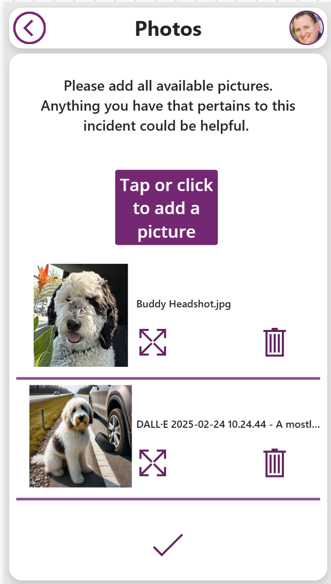 App screen for uploading photos with two dog images, "Tap or click to add a picture" button, and trash icons for deletion.