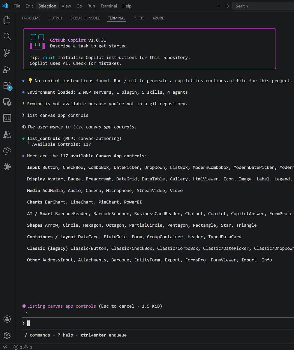 GitHub Copilot with the Power Apps Canvas App MCP Server loaded
