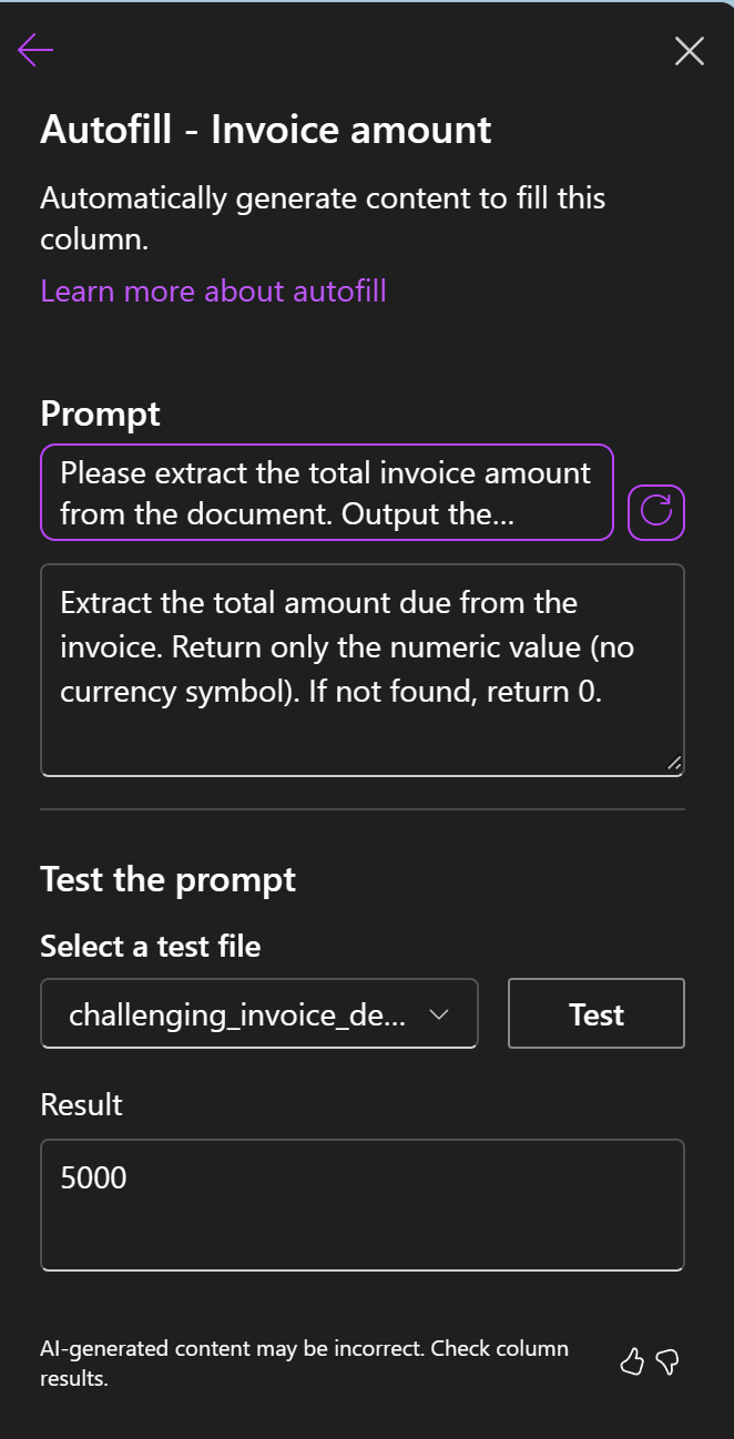 SharePoint Autofill column configuration panel. Also called AI Columns