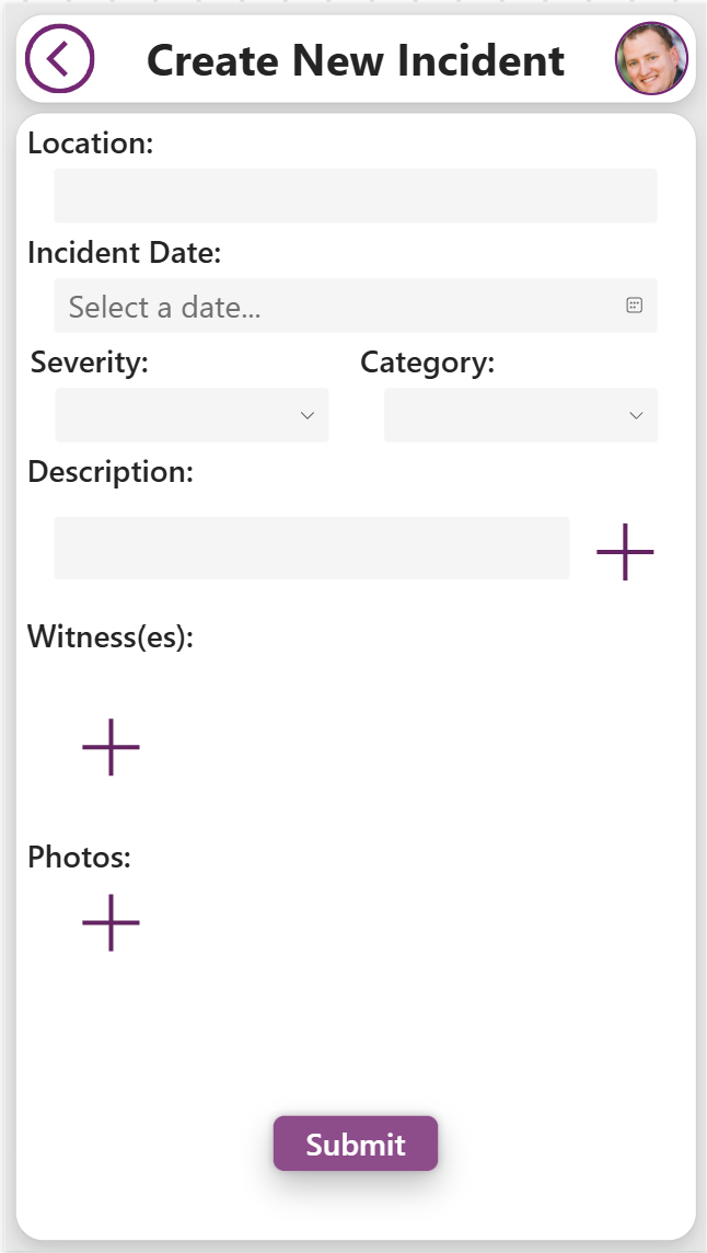 Form interface titled "Create New Incident" with fields for location, date, severity, category, description, witnesses, and photos; purple accents.