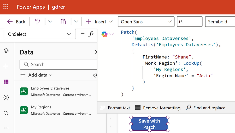 Power Apps screen showing code for updating 'Employees Dataverse'. Code assigns 'Shane' to 'Asia' region. UI has red header, white background.