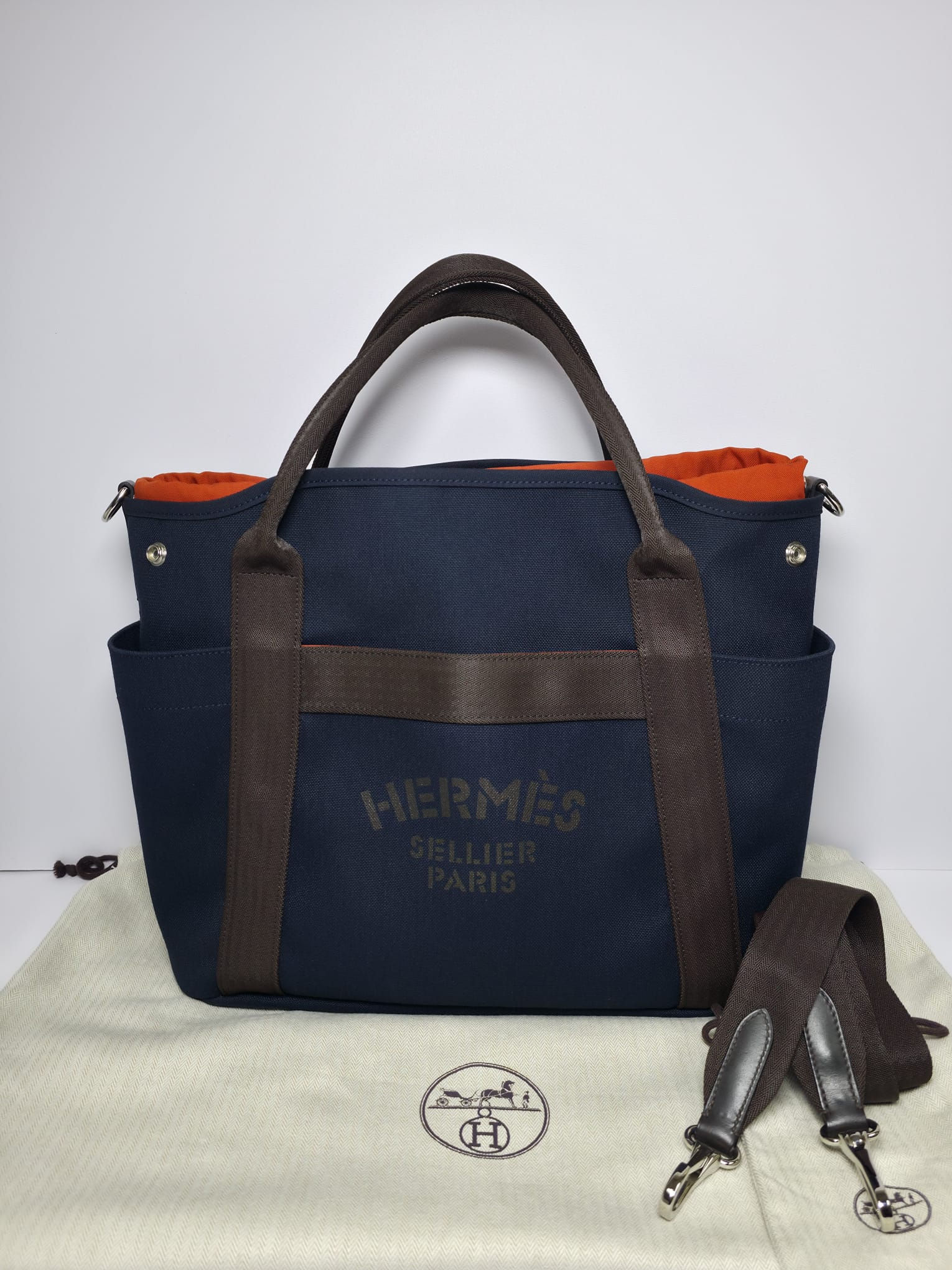 Hermes - Sac De Pansage Groom Bag Bleu Navy (7U) Feu (9J) PHW Coated Canvas