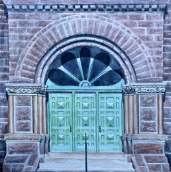 2020. Federal Building West Entrance. Watercolor. 8 by 8. Donated to the Washington Pavilion.