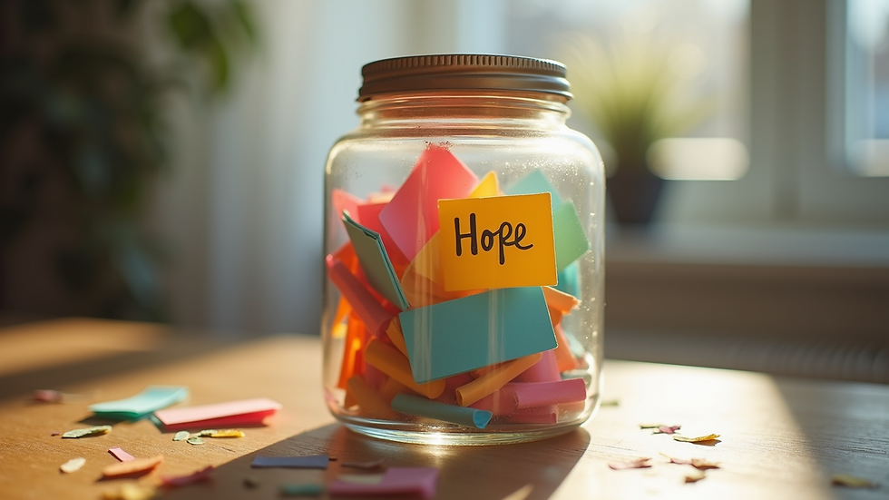 Eye-level view of a colorful hope jar filled with beautiful notes