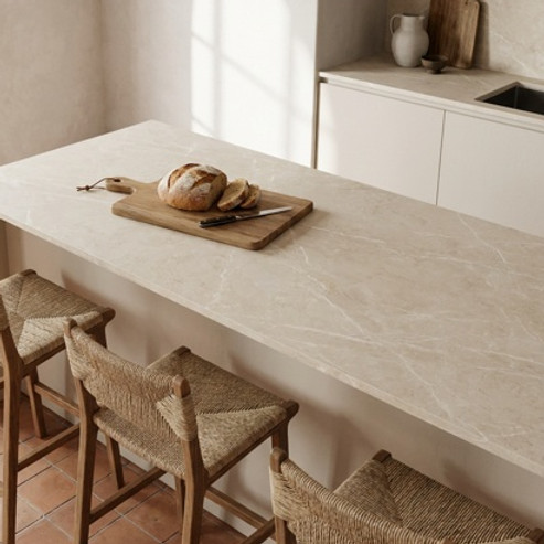 Natural, beige laminate benchtop with subtle veining