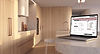 Modern, light timbergrain kitchen with laptop showing cut to size cabinetry ordering system