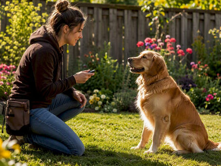 Dog owner clicker training golden retriever