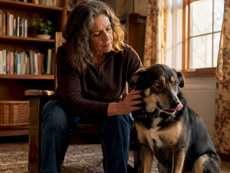 Woman petting wary dog on home sofa