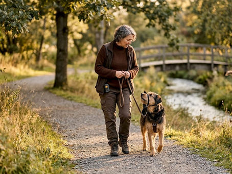 Trainer guiding reactive dog on suburban trail
