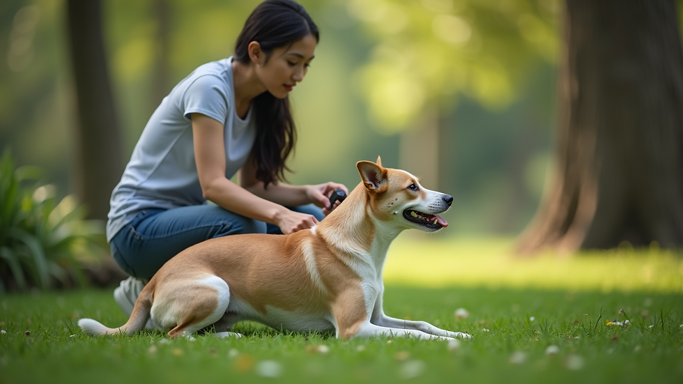 Close-up view of a dog owner using a clicker during a training session in a Singapore garden