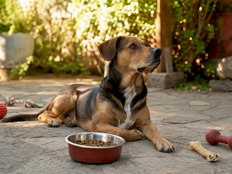 Dog guarding food bowl indoors