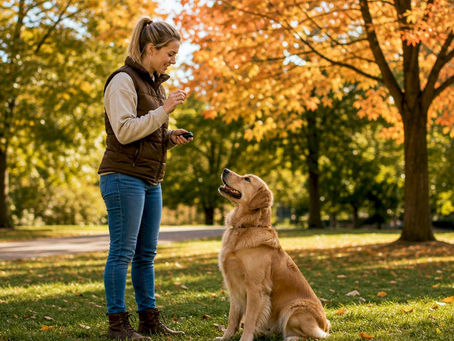 Woman training golden retriever outdoors