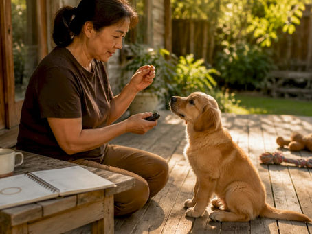 Owner training golden retriever puppy indoors