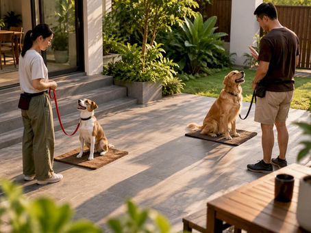 Two dogs practising stations with handlers