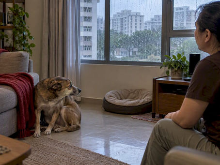 Dog reacting fearfully during a thunderstorm