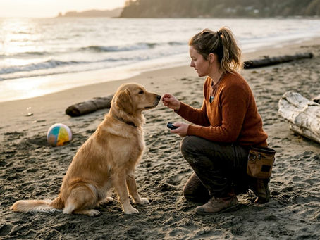 Trainer rewarding calm golden retriever in backyard