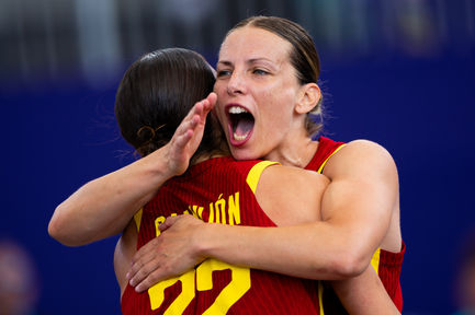 Sandra Ygueravide (ESP) celebrates win in the Women's Basketball 3x3 Group Stage match between Spain and Australia on day seven of the Olympic Games Paris 2024 at Esplanade Des Invalides on August 2, 2024.